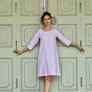 Pink Linen Midi Dress: Round Neck Summer Tunic, Plus Size Clothing