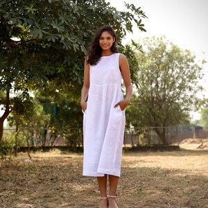 Organic Linen Sleeveless Dress: White Maxi Tunic with Pockets