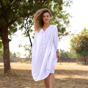 Loose Fit Linen Shirt Dress: Boho Button Down Midi Tunic with Pockets, Oversized Flax Dress, Plus Size Clothing