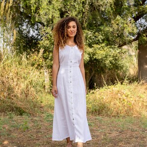 Sleeveless White Linen Dress, Princess Seams Loose Tunic, Comfy Maxi , Boho Gown With Pockets, Organic Washed, Plus Size Petite, Custom Size