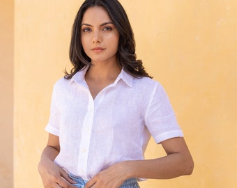 White Linen Shirt, Lined Button Up Blouse with Short Sleeves and Collar, Formal Shirt For Women, Plus Size Clothing, Organic Soft Flax Top