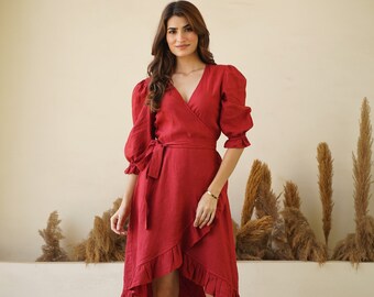 Linen Wrap Dress with Frills, V Neck Midi Linen Dress with Long Sleeve