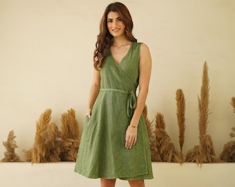 Sleeveless Linen Wrap Dress, V Neck Midi Linen Dress