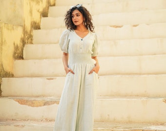 Linen Jumpsuit | V Neck Boho Romper with Pockets, Plus Size