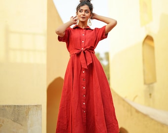 Red Linen Maxi Dress: Button-Down Belted Dress with Pockets