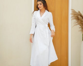 White Linen Wrap Dress: Shawl Collar Maxi Robe, Plus Size