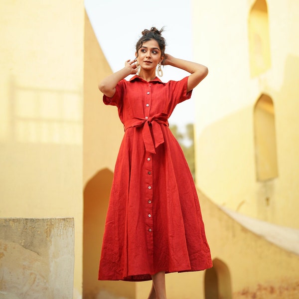 Red Linen Maxi Dress with Belt, Button Down Linen Dress, Linen Dress with Short Sleeve and Pockets, Plus Size Clothing