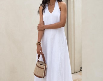 White Linen Halter Maxi Dress: Sleeveless V-Neck Summer Cocktail Dress