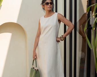 Sleeveless Linen Maxi Dress with Pockets, Loose Fit Round Neck Dress, Plus Size Clothing