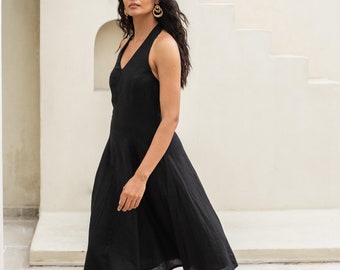 Organic Linen Halter Dress: V-Neck Sleeveless Midi