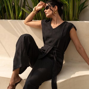 Cap Sleeve Linen Jumpsuit, V Neck Linen Romper with Pockets and Belt, Wide Leg Linen Jumpsuit, Plus Size Clothing