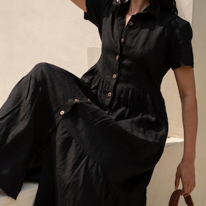 Robe chemise longue en lin lavé Femme | Robe longue oversize boutonnée à fronces | Vêtements en lin doux, coupe décontractée, grande taille | Été 2026