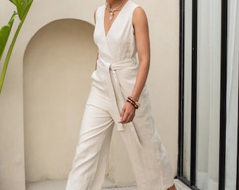 Wide Leg Linen Jumpsuit, Sleeveless Linen Maxi Jumper, Plus Size Clothing