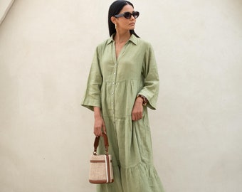 Washed Linen Sage Green Maxi Dress Women | Loose Fit A-Line Dress With Belt | Soft Rumpled Organic Flax Maxi | Summer 2026 Custom XXS-4XL