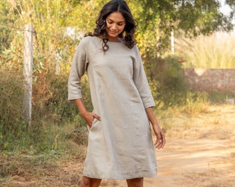 Natural Linen Midi Dress, Round Neck Modest Dress, Flax Dress With Pockets, Loose Fit Linen Dress , Plus Size Clothing