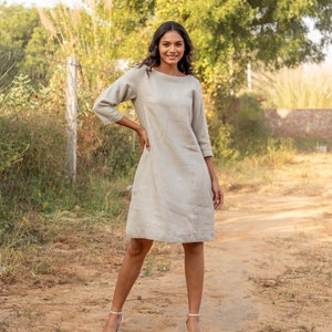 Natural Linen Midi Dress, Round Neck Summer Tunic, Plus Size Linen Clothing for Women