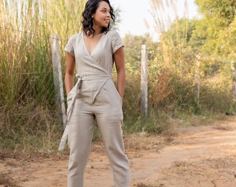 Combinaison en lin naturel, combinaison Wrap avec col en V et poches, robe kimono lavée biologique, barboteuse Boho grise, vêtements petite taille plus