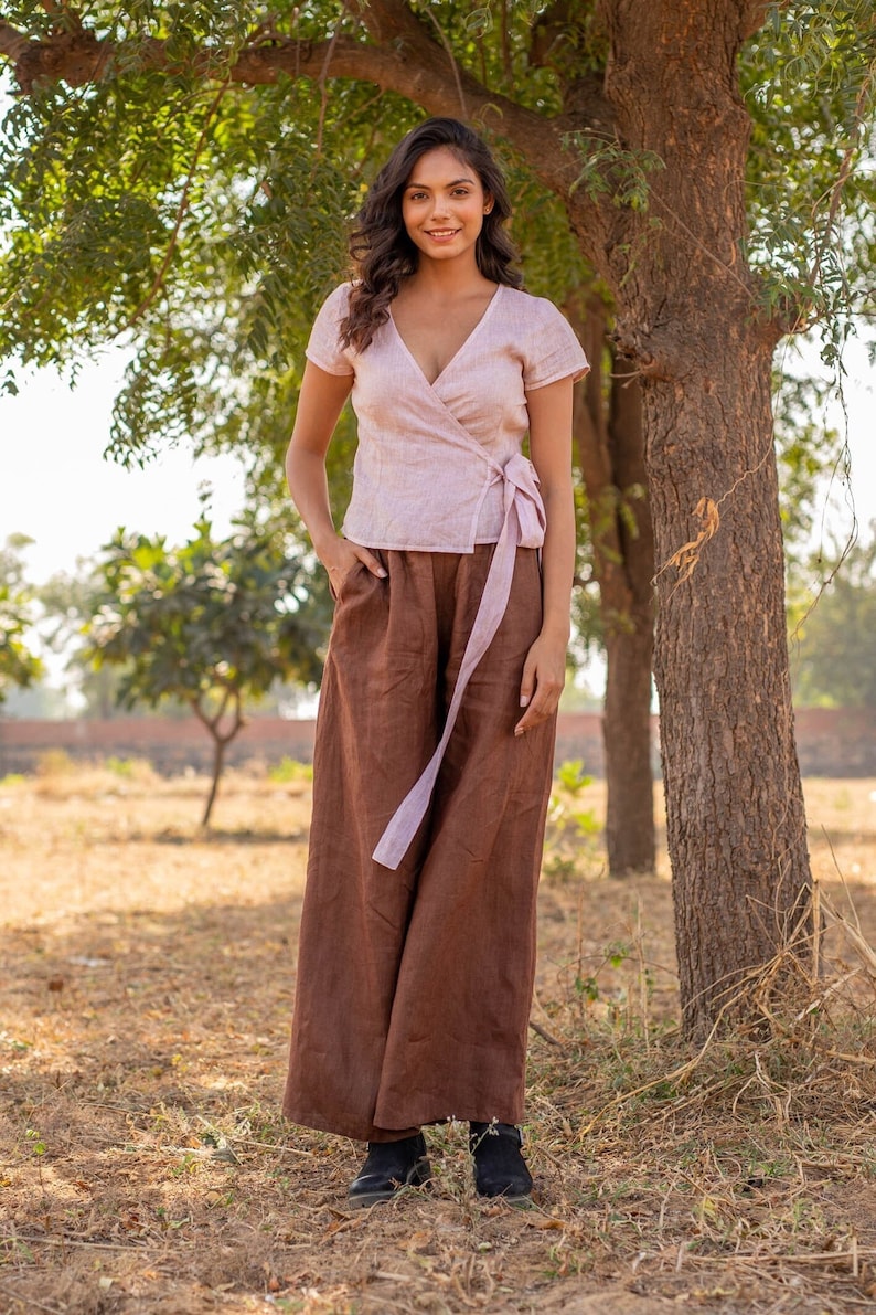 Blue Linen Pants, Washed Linen Bottoms, Palazzo, High Waisted, Baggy Pants With Pockets, Loose Fit, Wide Leg Pants, Plus Size Clothing image 3