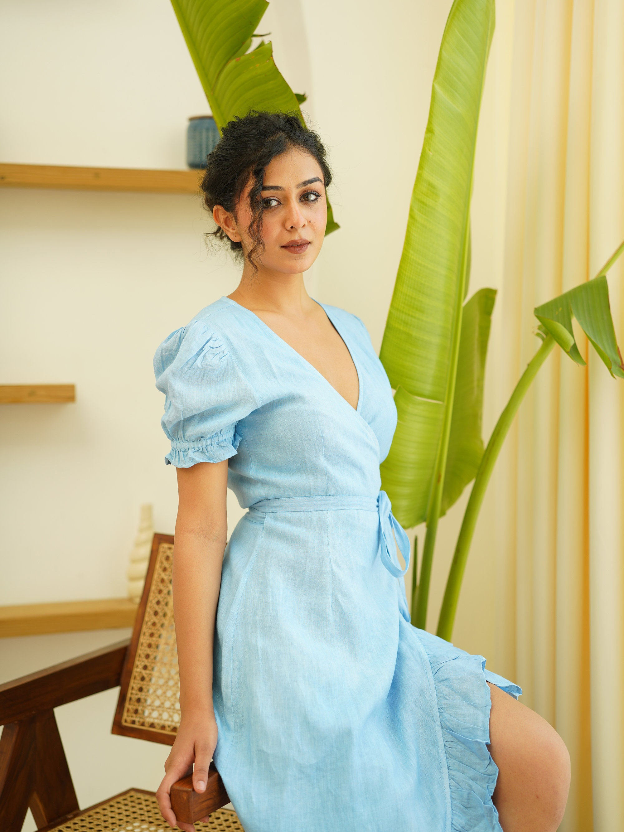 Vestido Largo Suelto De Algodón Y Lino Para Mujer, Ideal Para Bodas O Verano - Azul Claro, Mangas Cortas