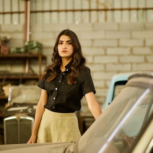Black Linen Short Sleeve Shirt, Button Up Blouse with Collar, Formal Shirt For Women, Plus Size Clothing, Organic Soft Flax Top