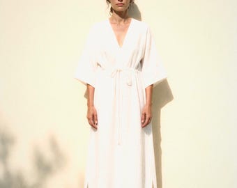 Batwing Linen Kaftan in White | 100% Linen Dress for Women, Handmade Made to Order, Plus Size