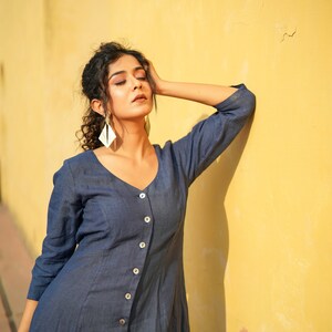 Button Down Linen Dress with Long Sleeve, V Neck Washed Linen Dress image 7