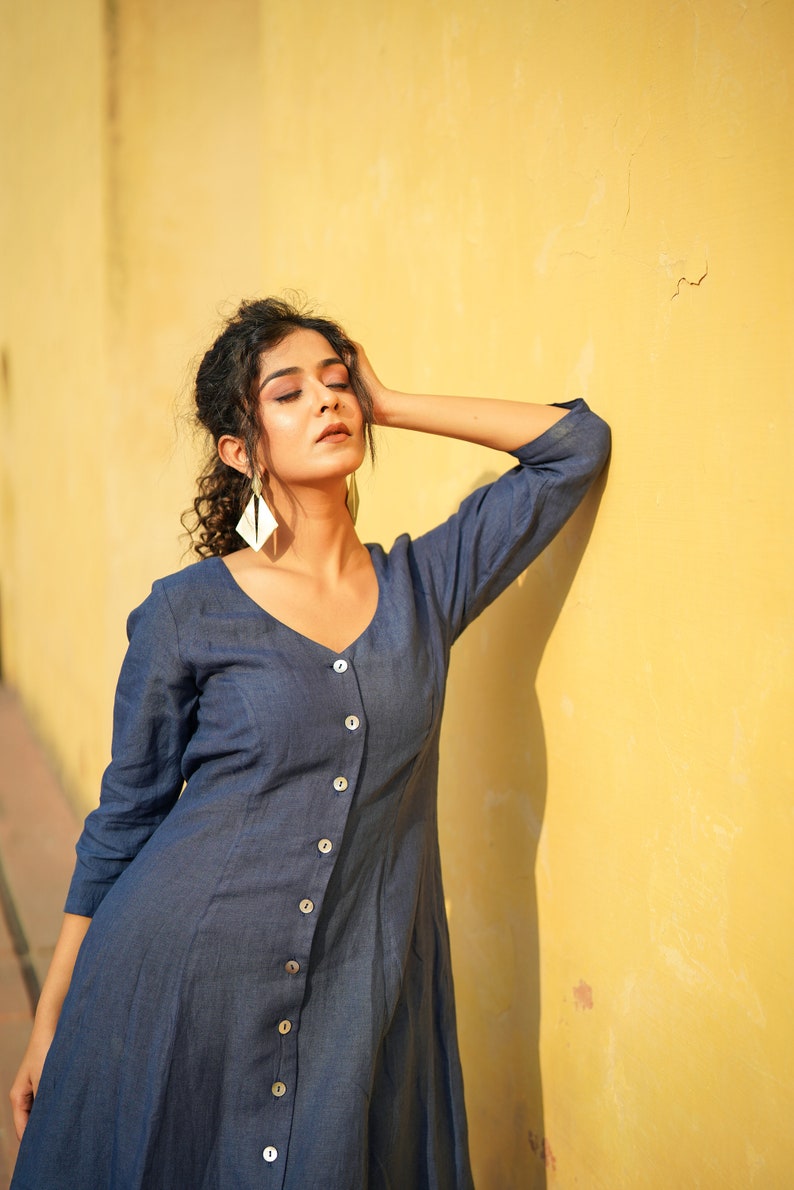 Button Down Linen Dress with Long Sleeve, V Neck Washed Linen Dress image 7