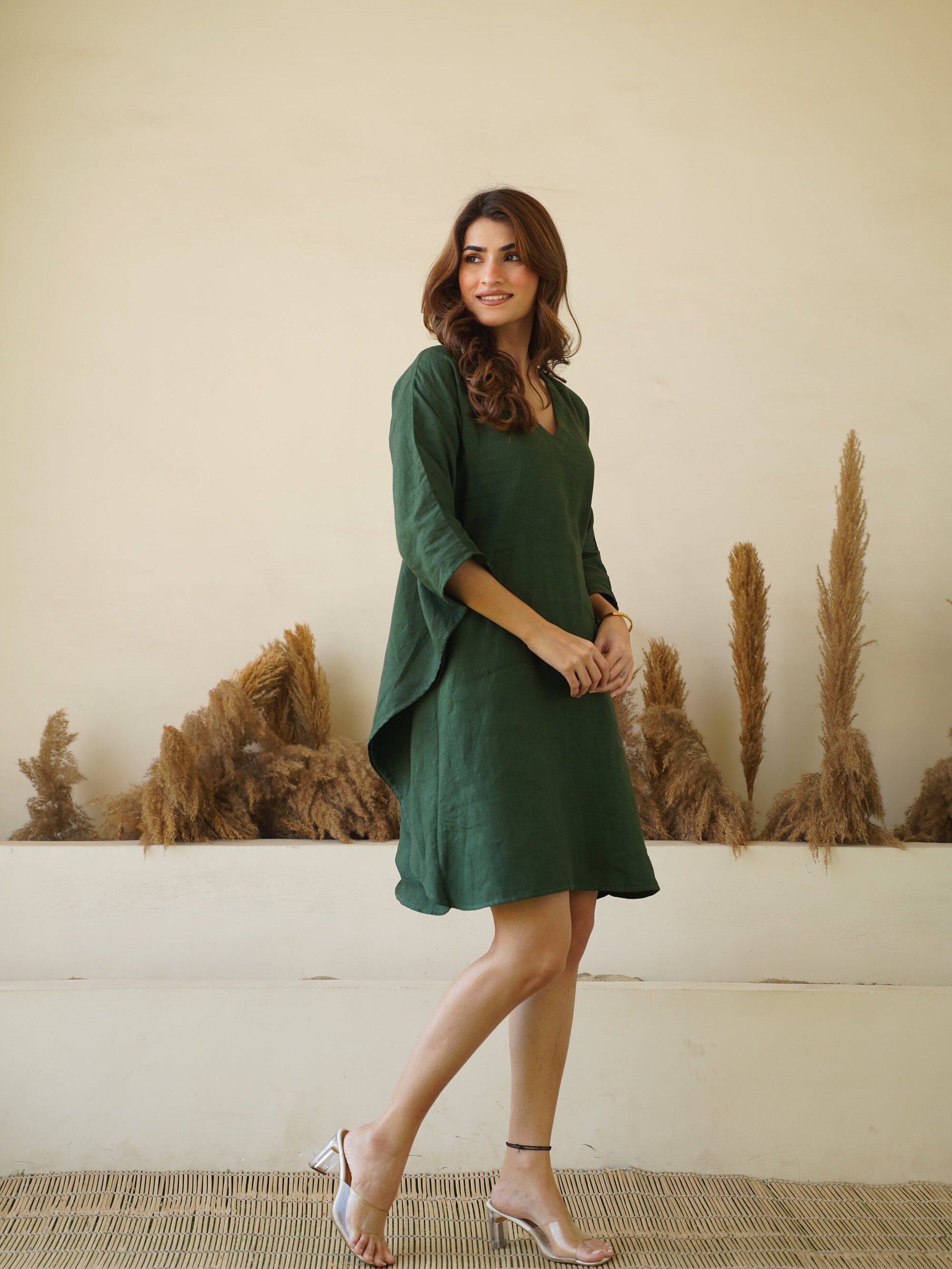 オーバーサイズリネンカフタンドレス：オーガニックコットン裏地付き