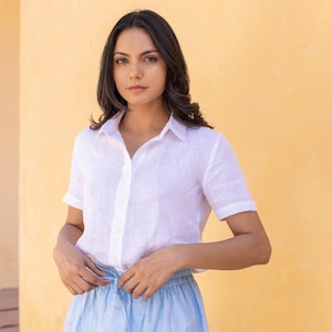 Organic White Linen Shirt: Short Sleeve Button-Up Blouse