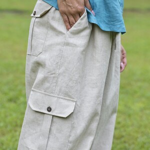 Natural Wide Legged Linen Cargo Pants, High Waisted Trousers, Relaxed Fit Trouser, High Rise Bottoms With Pockets, Plus Size Petite Clothing image 3