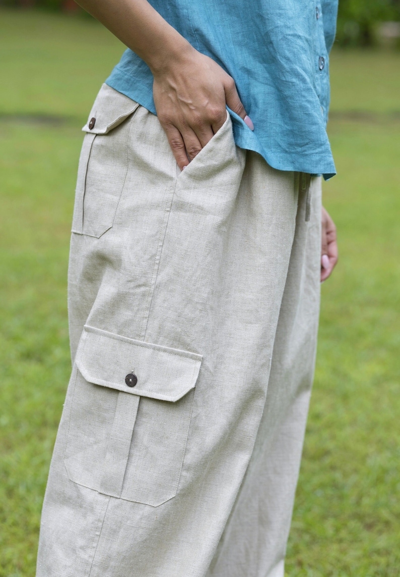 Natural Wide Legged Linen Cargo Pants, High Waisted Trousers, Relaxed Fit Trouser, High Rise Bottoms With Pockets, Plus Size Petite Clothing image 3