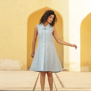 Sleeveless Linen Dress, Loose Linen Dress with Collar, Blue Linen Dress, Plus Size Clothing for Women, Linen Clothing image 3