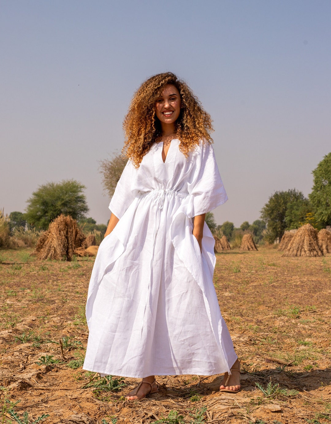 white cotton maxi dress plus size White Linen Kaftan Maxi Dress: Lined Organic Cotton, Plus Size