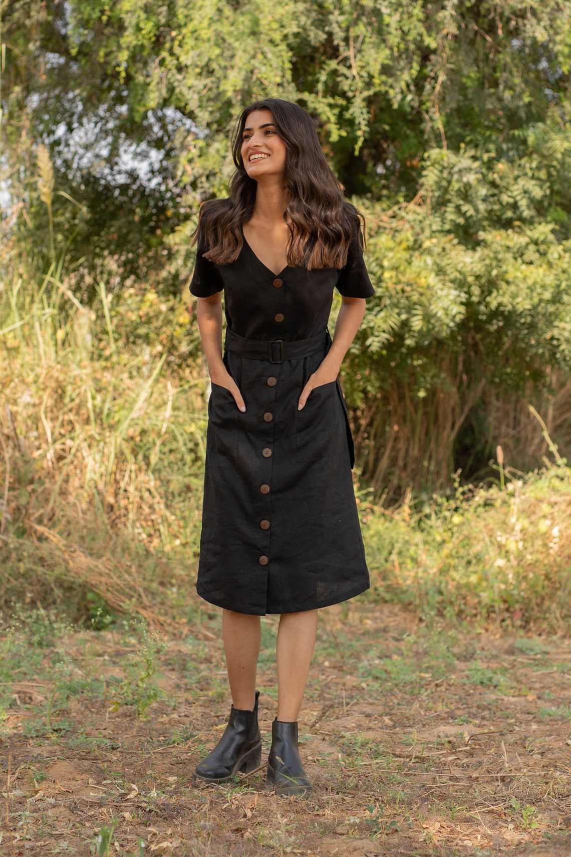 Black Linen Midi Shirt Dress Fitting Linen Tunic Casual Etsy