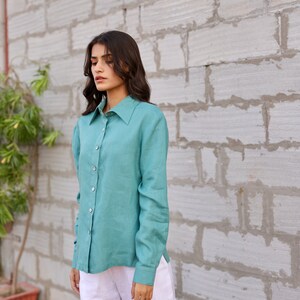 Blue Linen Shirt, Button Up Blouse with Long Sleeves, Washed Organic Linen, Casual Shirt For Women, Plus Size and Custom Design image 3