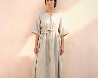 Drawstring Linen Kaftan in Natural | 100% Linen Dress for Women, Handmade Made to Order, Plus Size