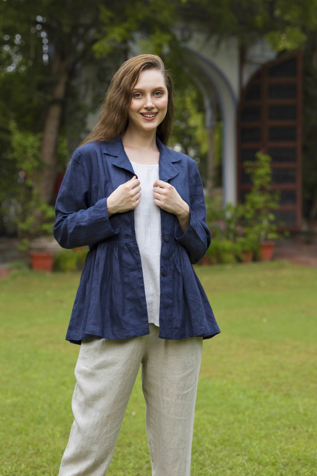 Veste en lin bleu marine a manches longues blazer boheme en lin epais pour femme manteau avec col a revers avec volants petite taille confortable