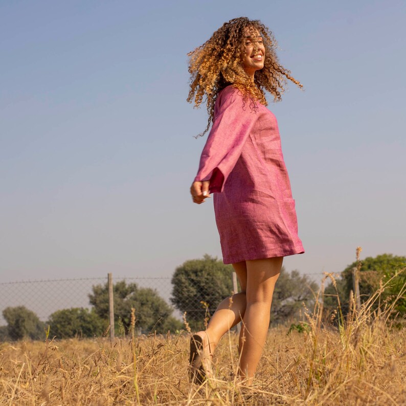 Pink Linen Shift Dress, Long Sleeves Top, Comfy Short Tunic, Casual Summer Smock With Pockets, Flax Top, Plus Size Petite, Custom Fit Size image 7