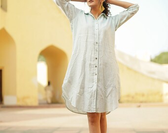 Washed Linen Shirt Dress with Pockets  Breathable Organic Summer Dress  Women | Fluid Fit Full Sleeve Dress | Rumpled Soft Linen Dress