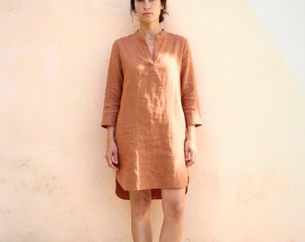 Long Sleeve Linen Tunic in Terracotta | 100% Linen Dress for Women, Handmade Made to Order, Plus Size