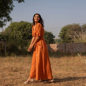 Orange Linen Jumpsuit, Boho Romper With Pockets and Zipper, Loose Elastic Waistband Bodysuit, Plus Size Wide Pants, Custom Petite Clothing image 8