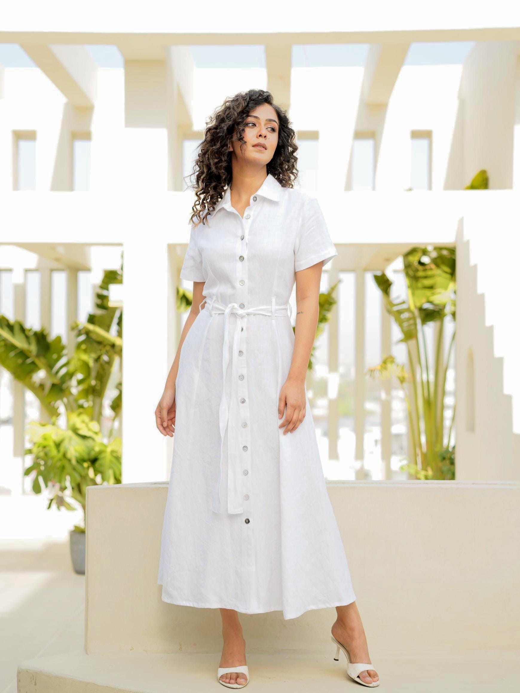Loose Fit Linen Maxi Dress with Belt: Handmade Button-Down Shirt Dress, Plus Size Clothing