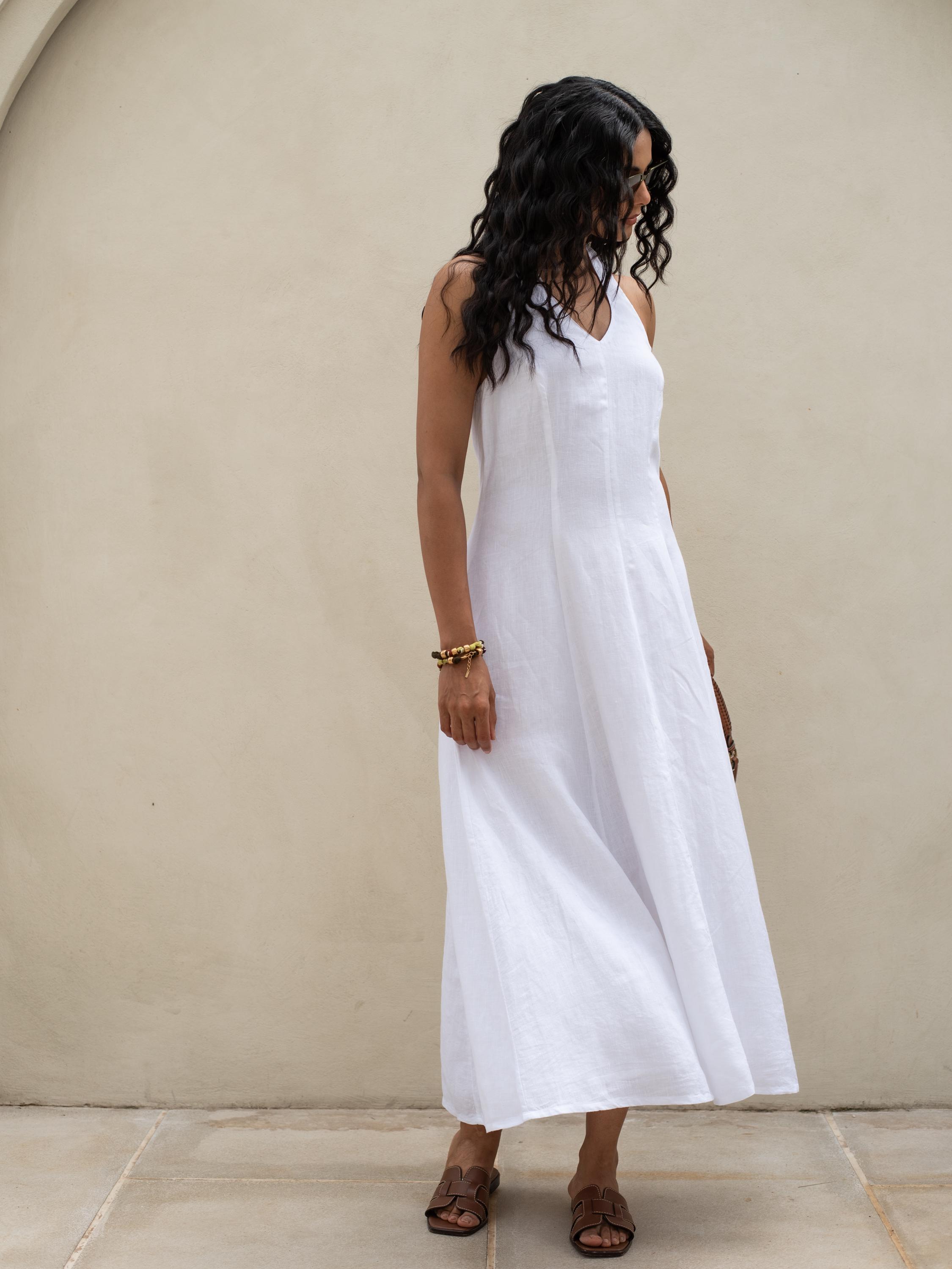 White Linen Halter Maxi Dress: Sleeveless V-neck Summer Cocktail Dress -  Etsy