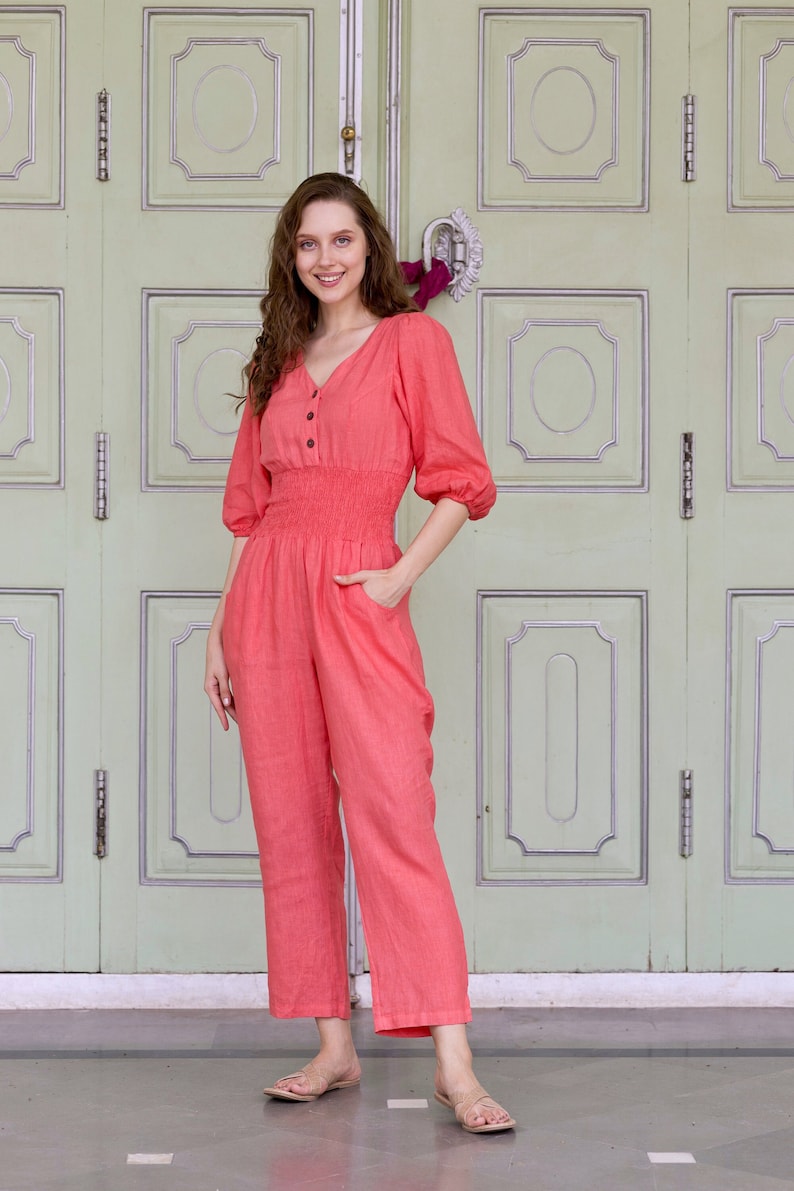 V Neck Linen Jumpsuit, Linen jumper with Straight Legged Pants, Plus Size Clothing by Ellementree image 1