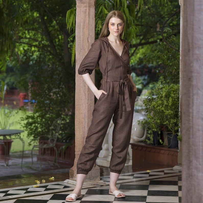 Long Sleeve Hooded Linen Jumpsuit, V neck Playsuit with Functional Pockets, Kimono Style Belt, Long Boho Romper, Petite Plus Size Clothing image 1