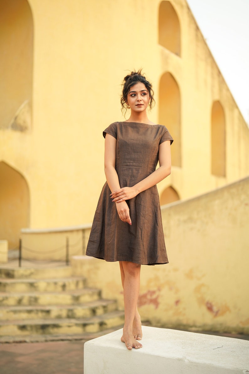 Brown Linen Dress with Cap Sleeves, Boat Neck Linen Tunic with Princess Seams, Midi Length Linen Dress, Plus Size Clothing image 1