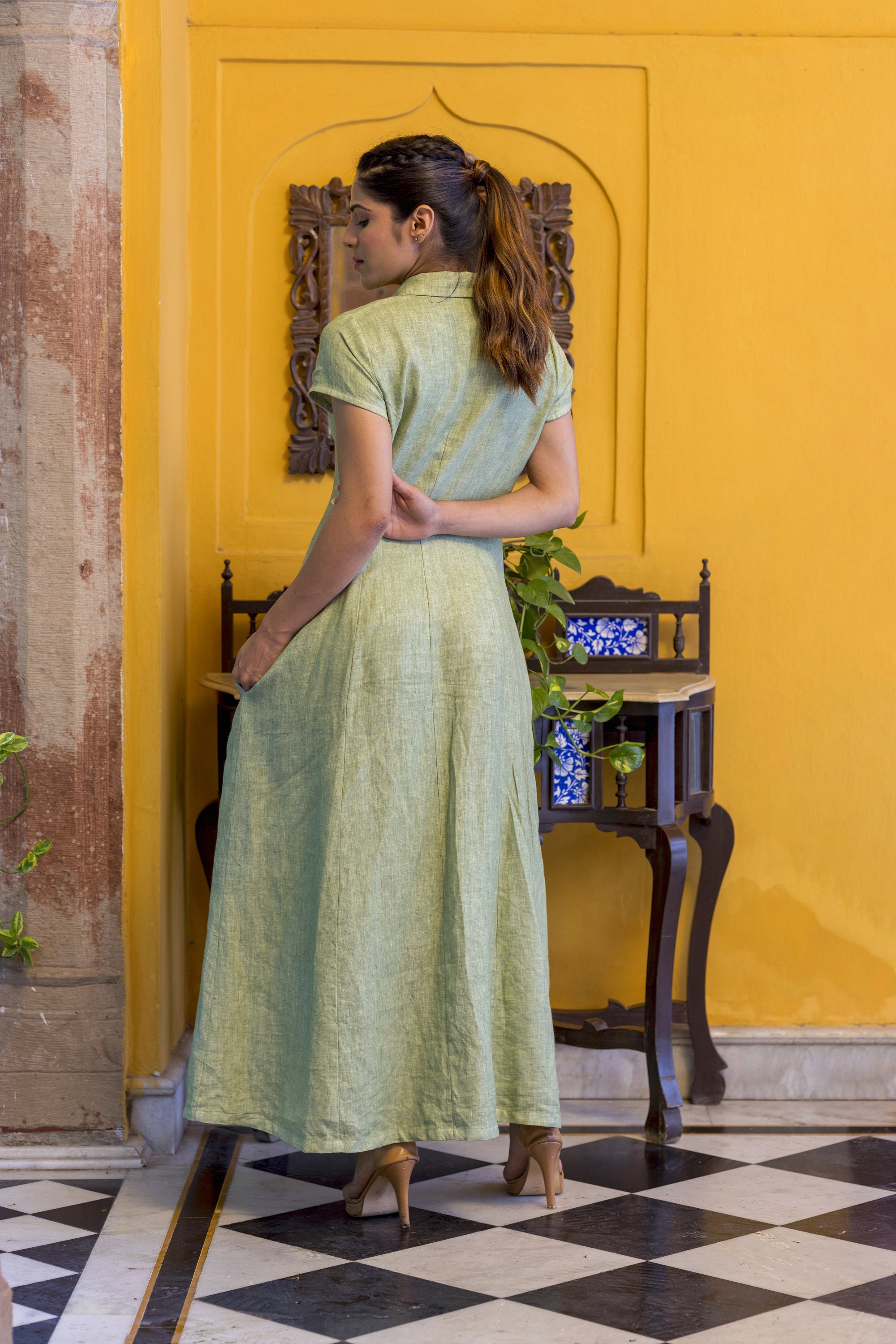 green emerald velvet dress Green And White Printed Button Up Long Sleeve Midi Dress  AX Paris