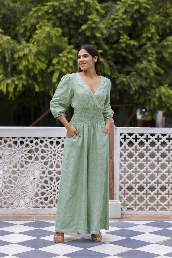 Faux Wrap Linen Jumpsuit With Wide Leg Pants - Etsy