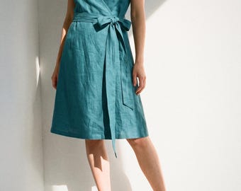 Wrap Linen Midi Dress in Teal | 100% Linen Dress for Women, Handmade Made to Order, Plus Size