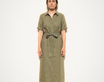Linen Shirt Dress in Olive | 100% Linen Dress for Women, Handmade Made to Order, Plus Size